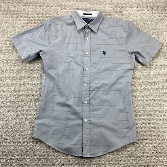 US Polo Assn. Shirt Men Small S Gray Blue Striped Button Down Short Sleeve - Picture 1 of 11